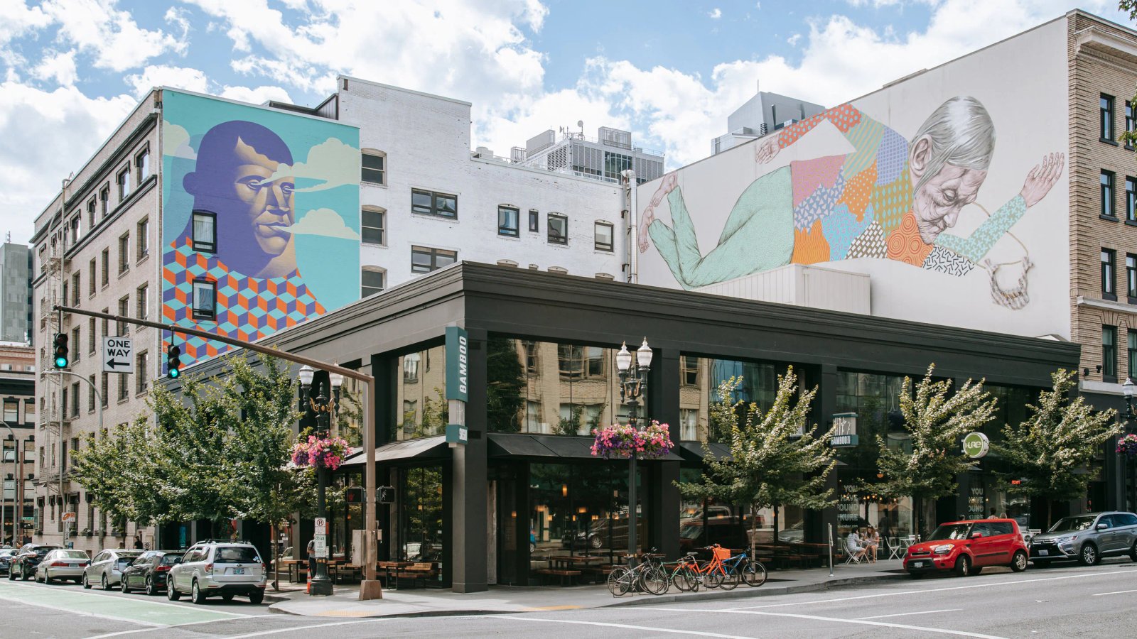 Portland Pearl District with food carts, breweries, and urban street life