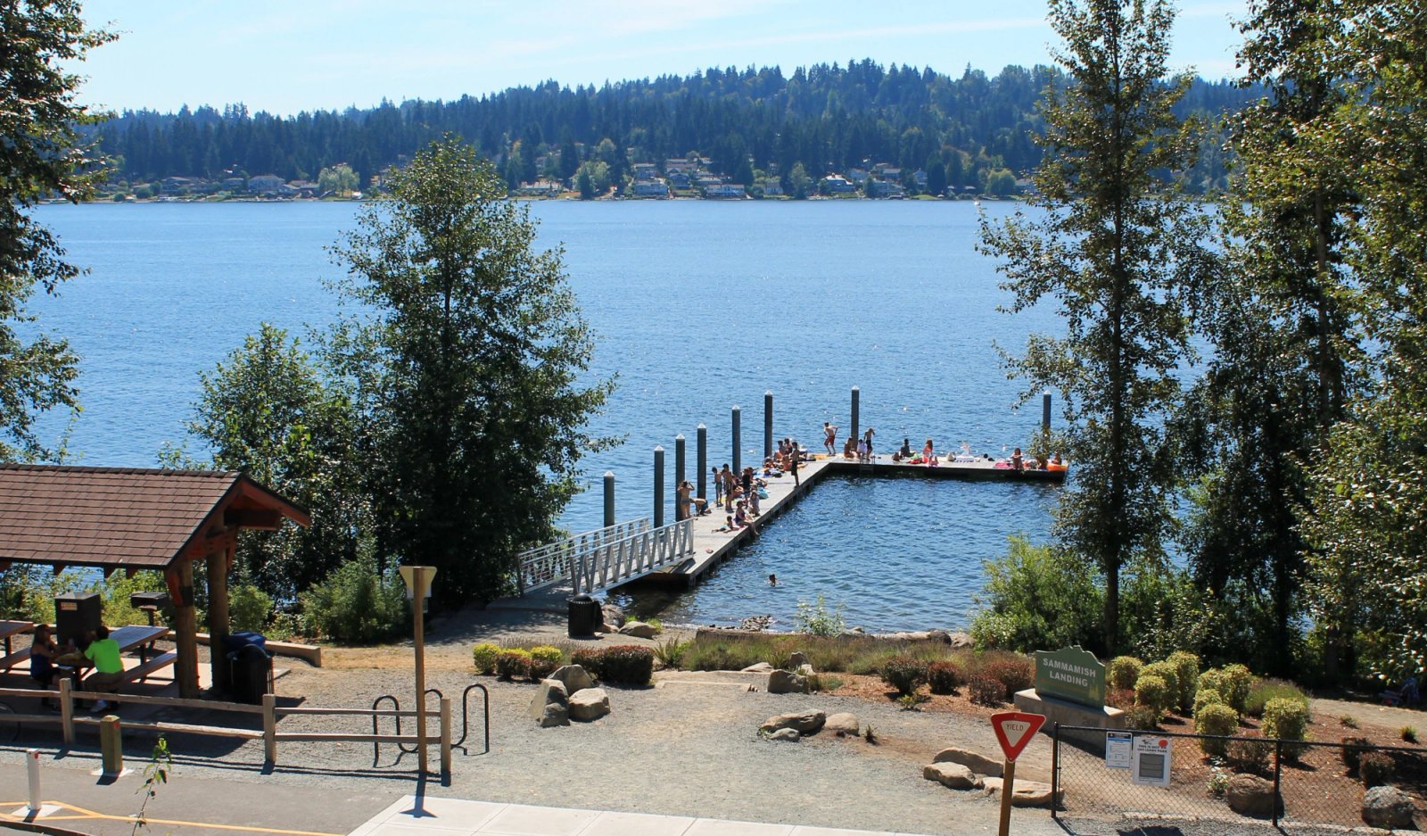 Lake Sammamish scenic view with luxury waterfront homes and boats at Sammamish Landing