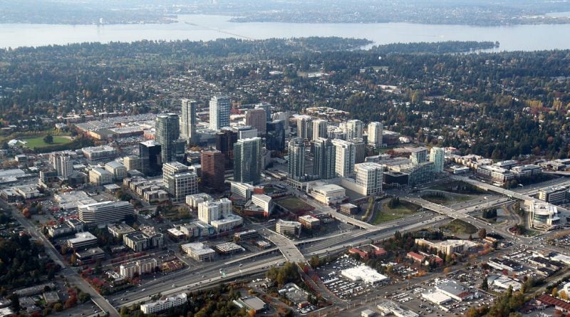 Federal Way skyline with office buildings, shopping centers, and Mt. Rainier in the background